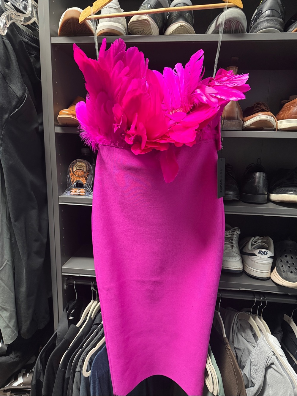 Fashion Nova Hot Pink Feather-Trim Strapless Midi Dress